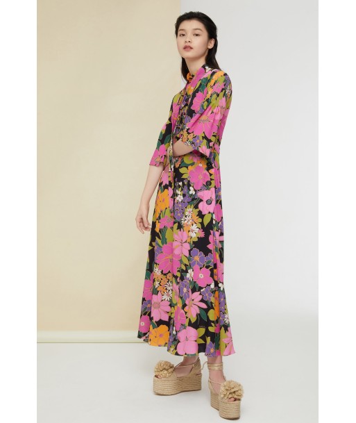 Robe midi imprimée à col foulard en linge